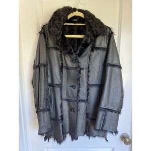 Black Lamb Leather Shearling Fur Coat Stephens Colorado Fur Jacket Raw Hem Small